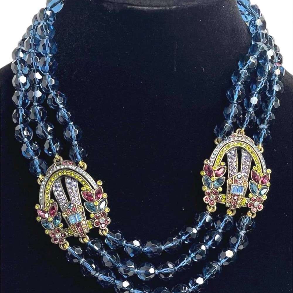 Heidi Daus  Deep Blue Art Deco Triple Strand Necklace - Adjustable